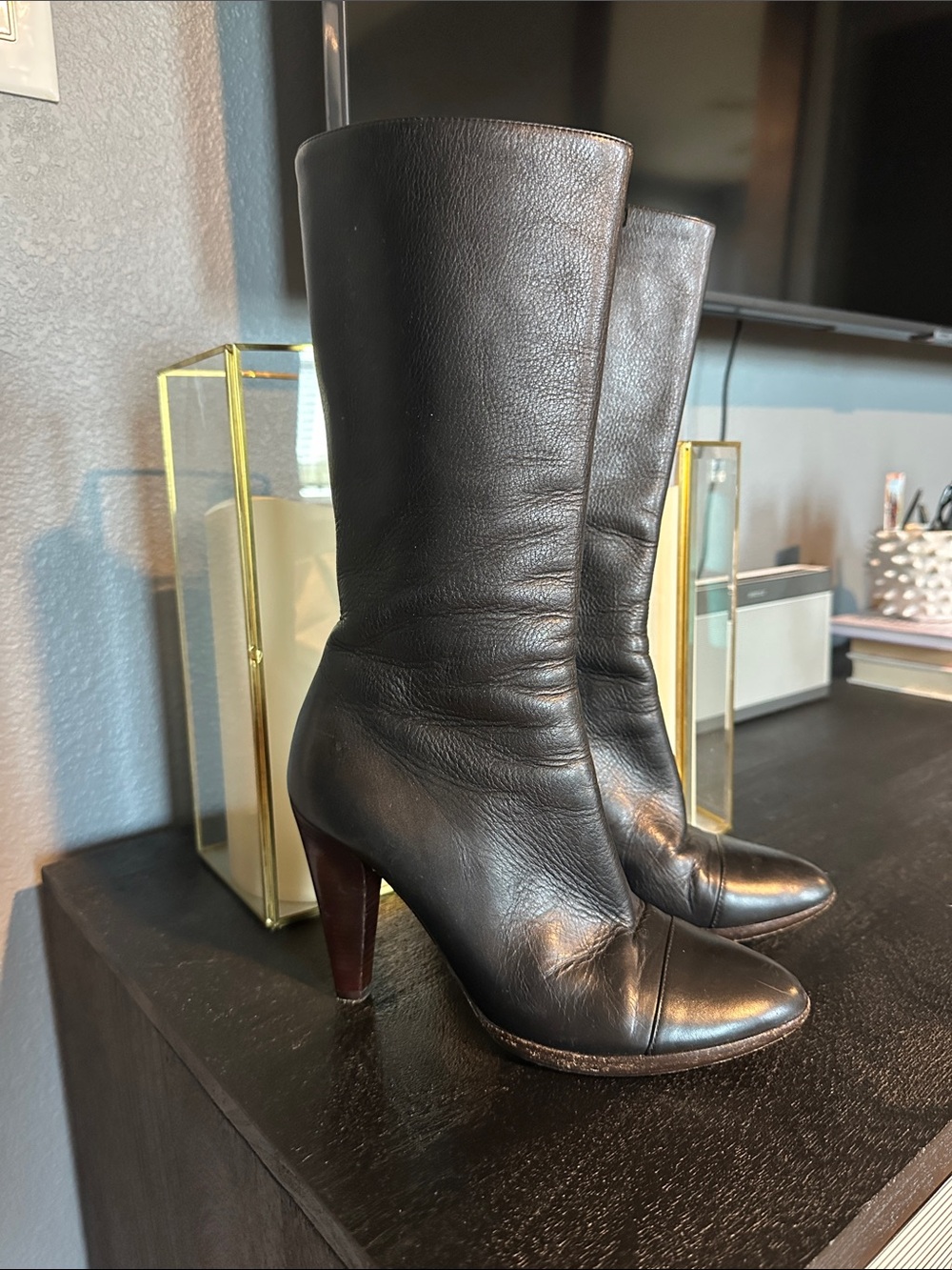 Vintage CHANEL Black Leather Mid-Calf Heeled Boots